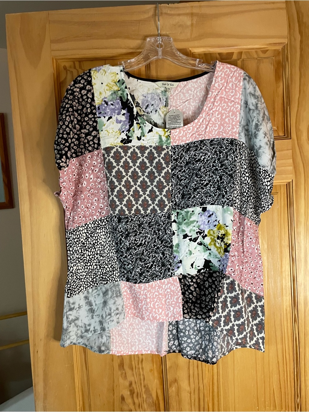 Patchwork Short Sleeve Blouse - Pink Multi
